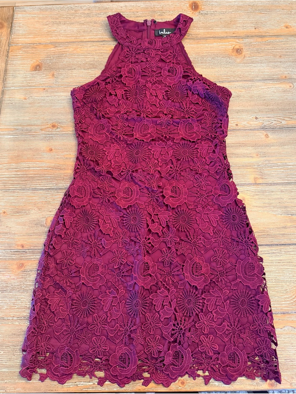 Lulu's Wine Lace High-Neck Lace Dress